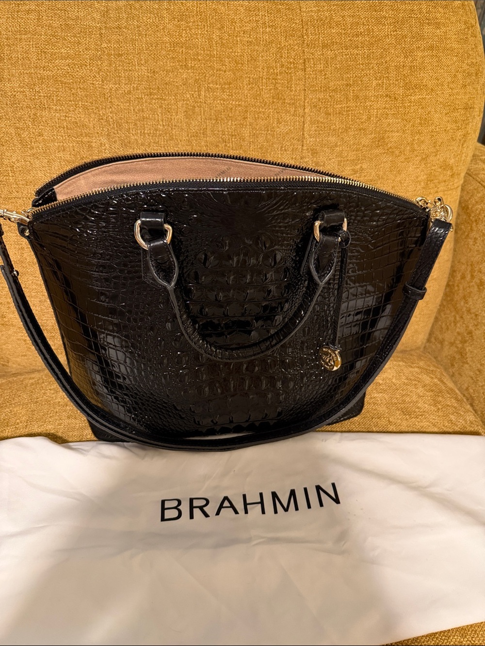 Brahmin Black Croc-Embossed Shoulder Satchel with Gold Hardware